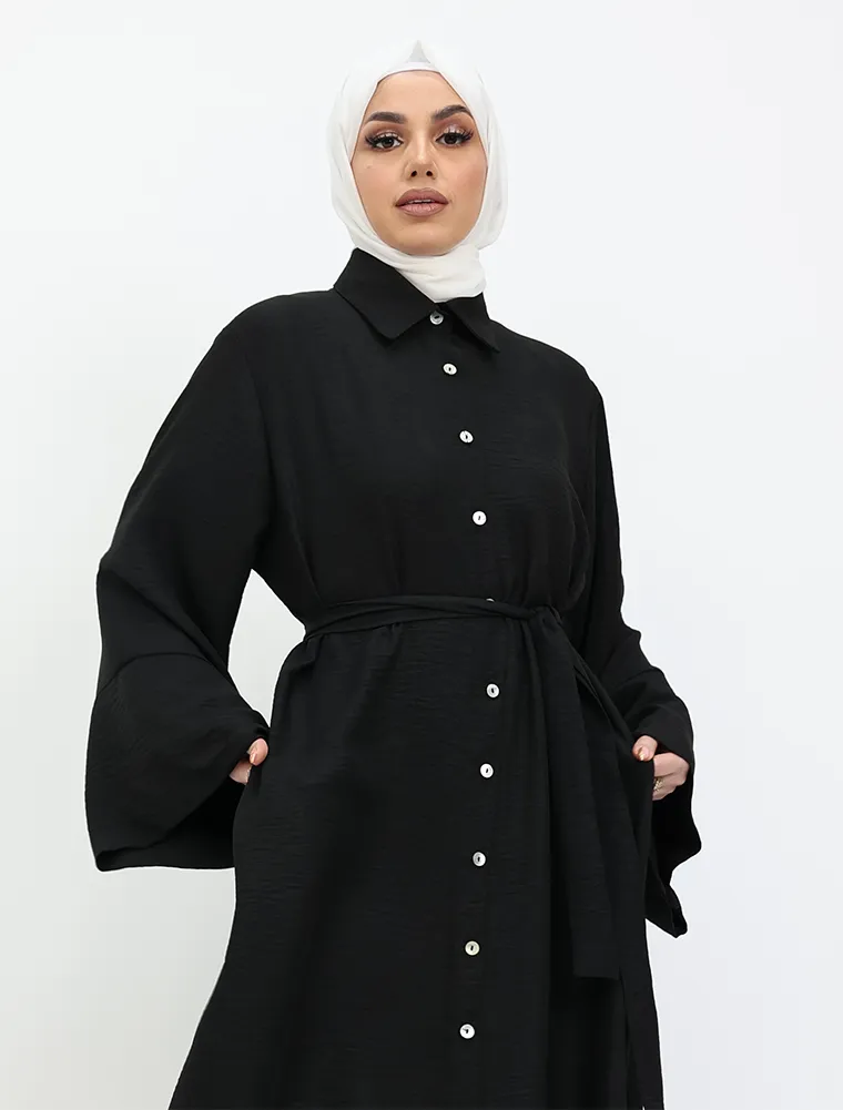 Black Linen Feel Collar Shirt